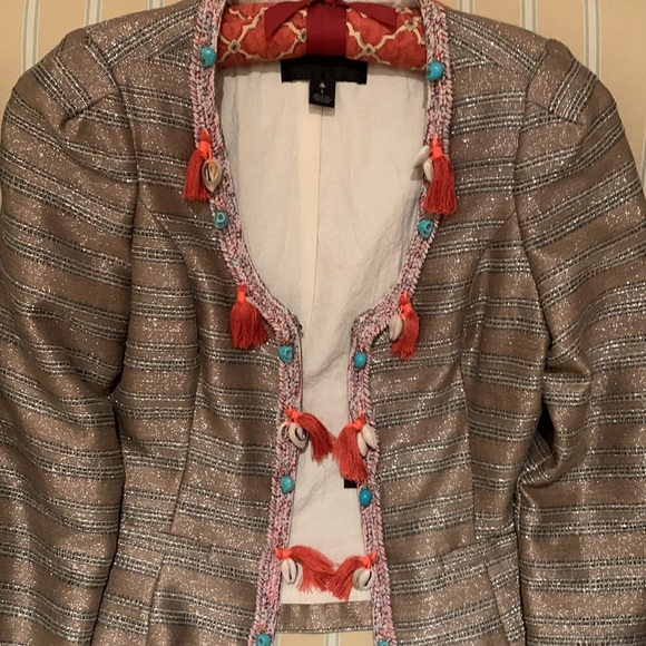 NWOT MAISON SCOTCH LUXURY CROPPED JACKET FRINGE SEASHELLS TURQUOISE EMBELLISHED - Picture 2 of 13